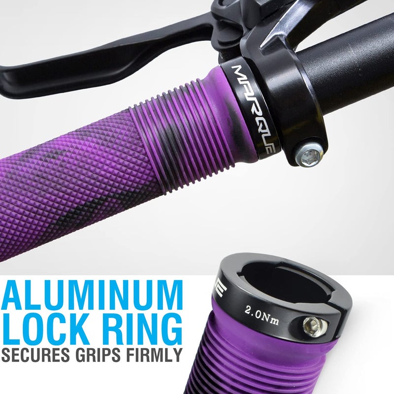 MARQUE Race Mountain Bike Handlebar Grips â€“ Single Lock-On Ring Collar MTB and BMX Bicycle Handle Bar with Non-Slip Grip, Knurly Gritty Pattern and Half Waffle Pattern (Purple Storm) - Image 3